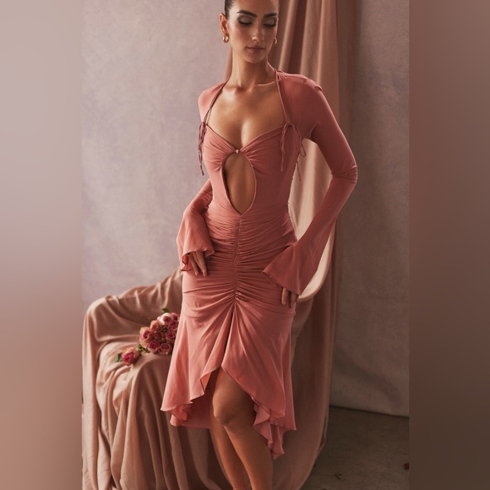 House of CB Reine Rose Real Silk Ruffle Midi Dress
